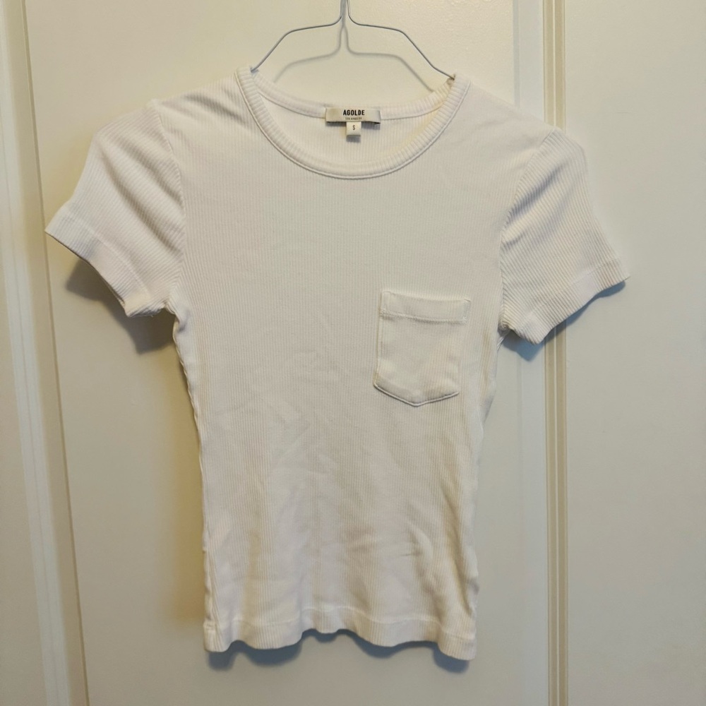 Agolde White Ribbed Pocket Tee - Picture 2 of 4